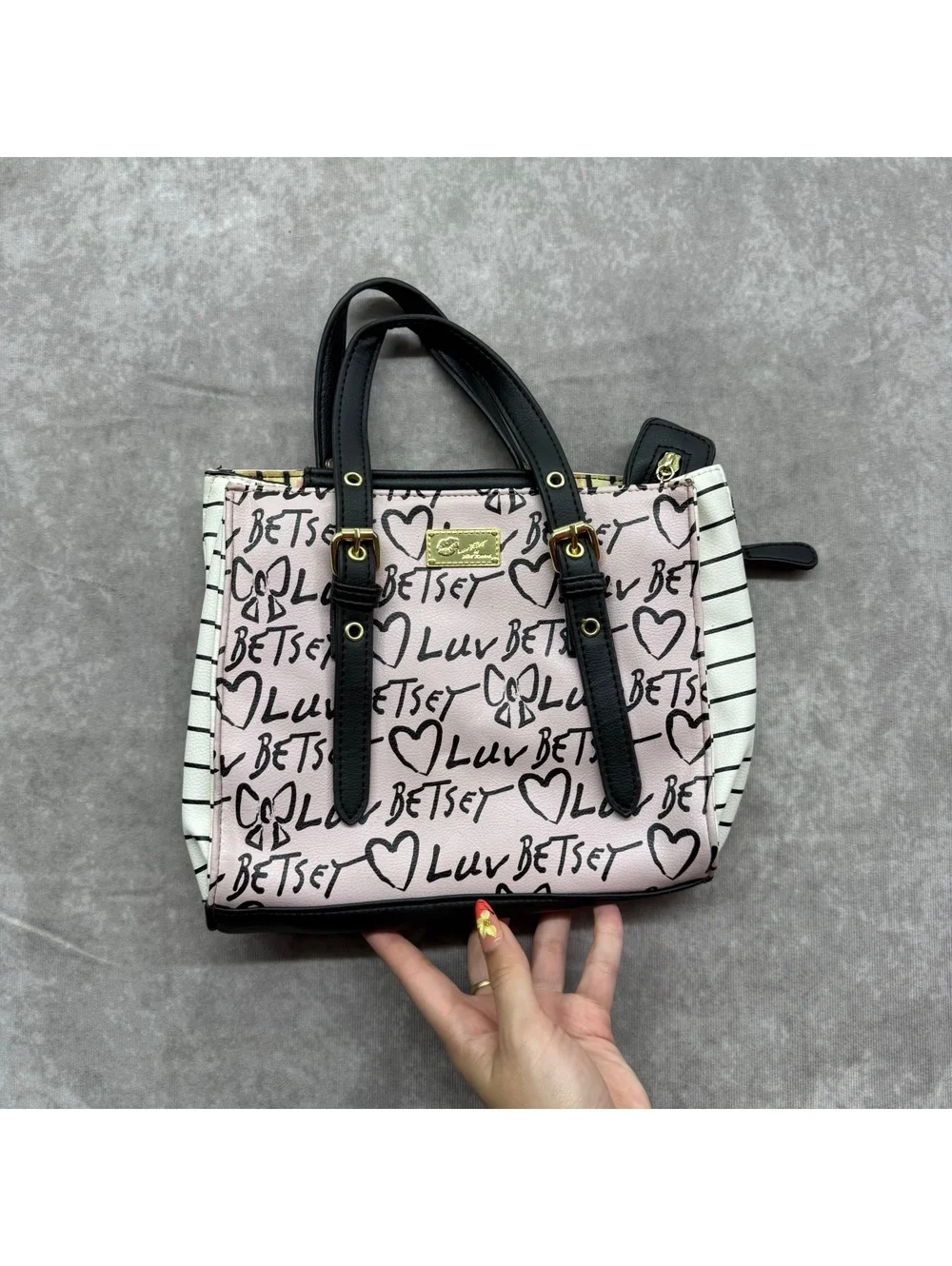 Luv Betsey Johnson Pink Black Graffiti Heart Stripe Mini Satchel Tote Bag
